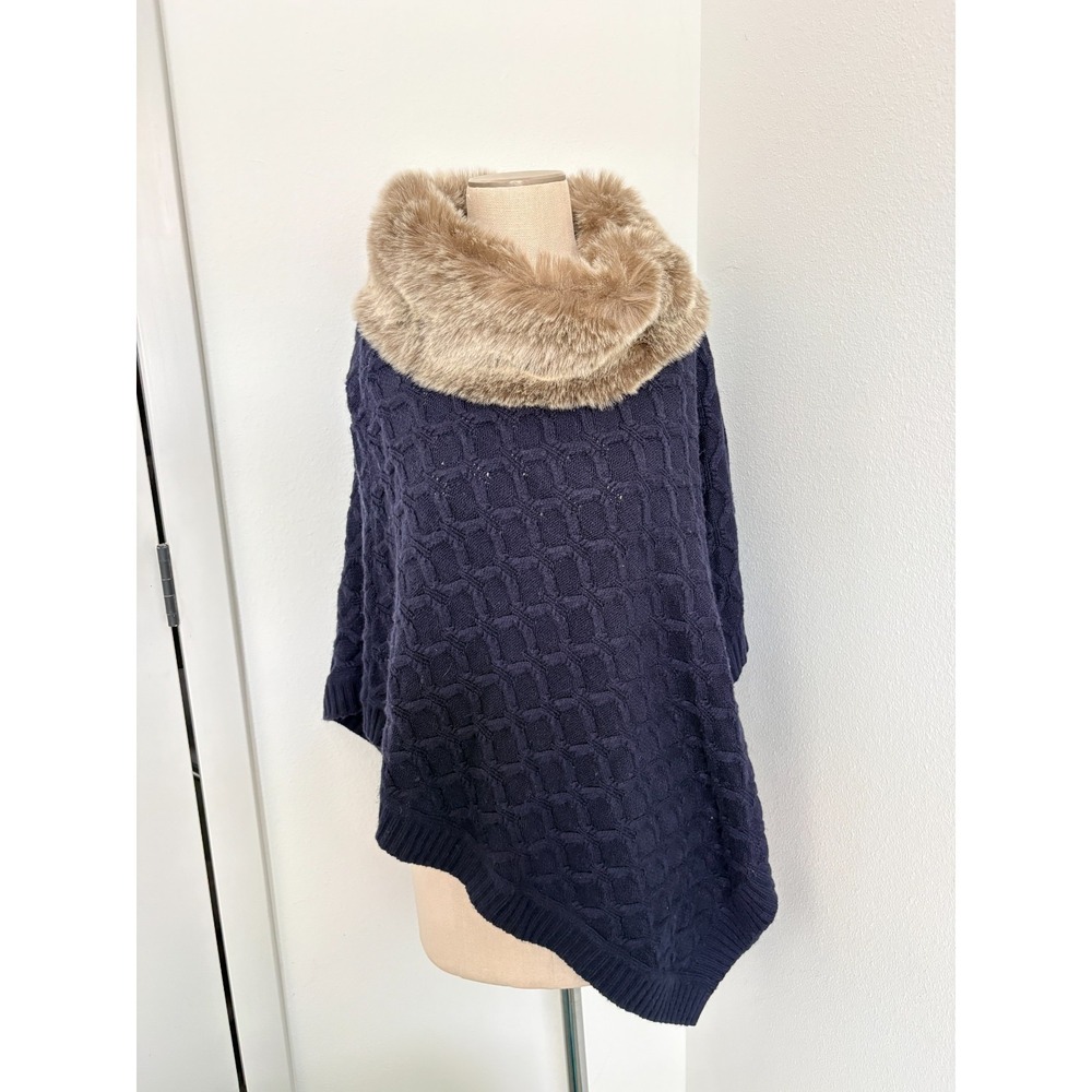 Talbots Knit Poncho Faux Fur Womens XS Blue Sweater Oversized Cable Knit Office